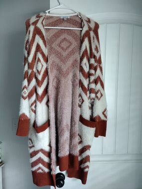 white birch Rust & Cream Geometric Open-Front Cardigan